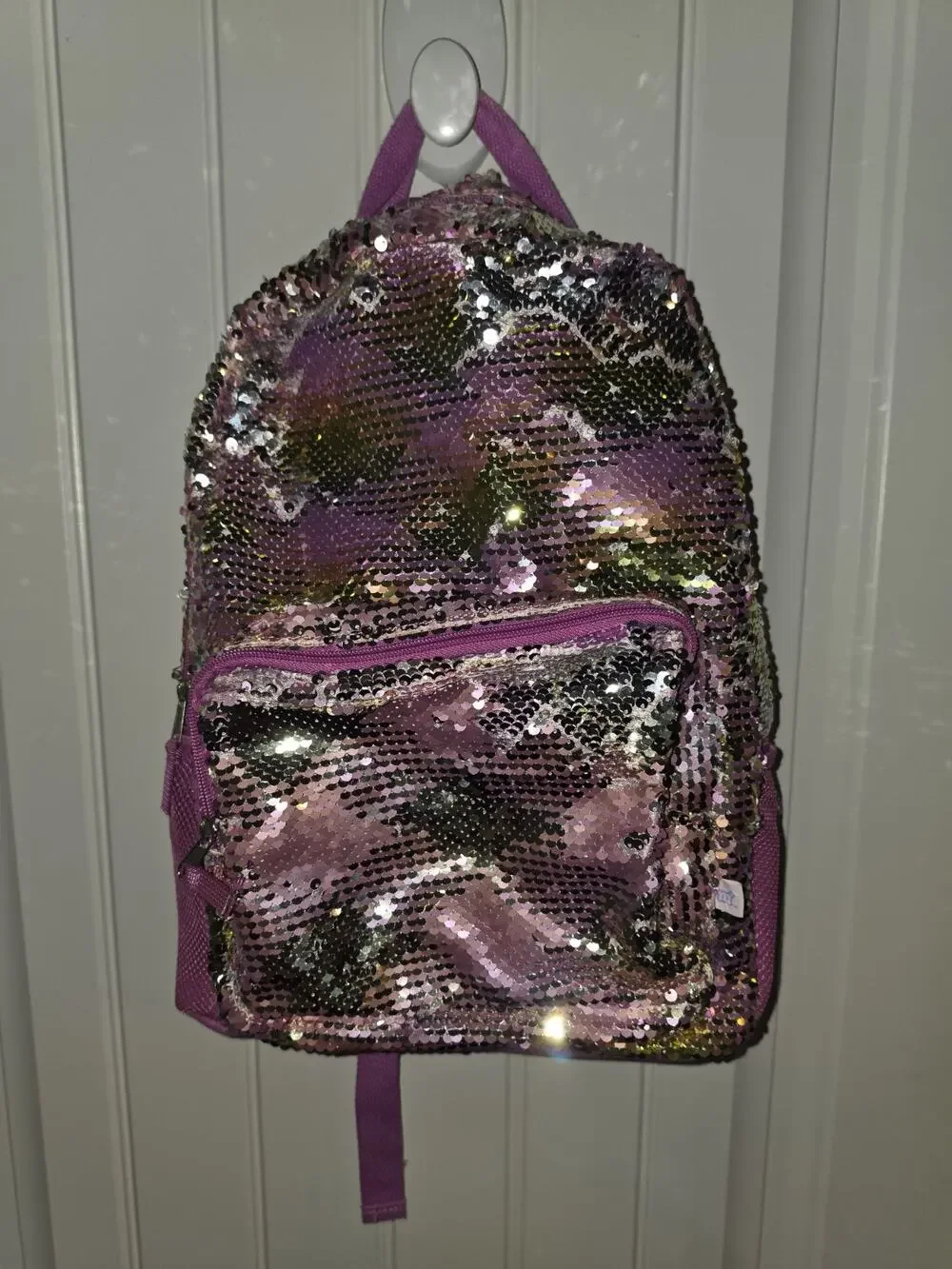 Kids Reversible Sequin Backpack Purple Silver Girls School Travel Bag